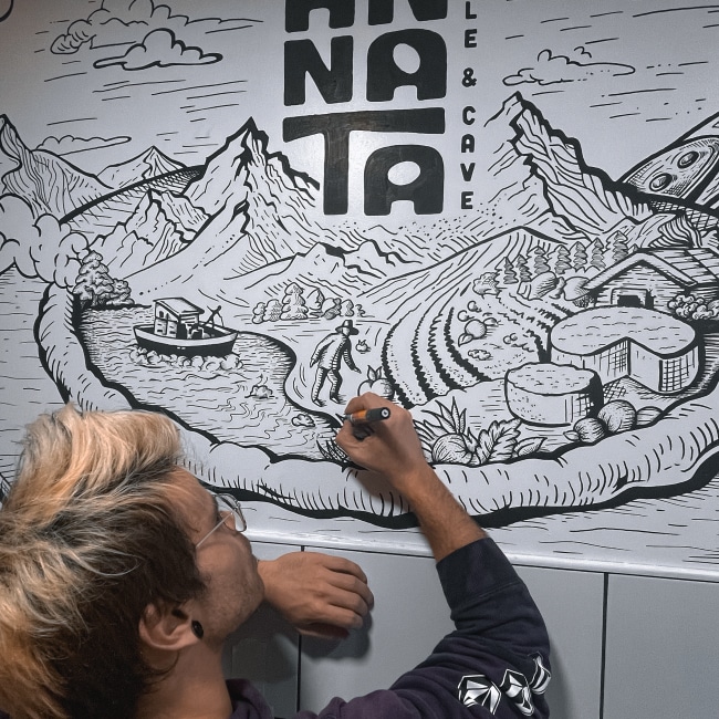 Miniature vidéo d’une fresque murale réalisée dans un restaurant du Vercors par un illustrateur graphiste en Rhône-Alpes