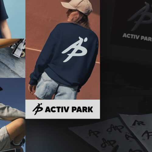 Exemple de branding Activ Park appliqué sur vêtements et objets promotionnels pour la salle de trampoline en Rhône-Alpes.