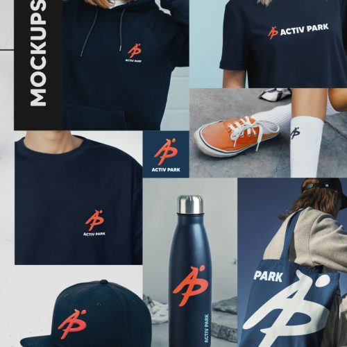 Application du logo Activ Park sur textiles, sacs et gourdes pour l’identité visuelle de la salle de trampoline à Villard-de-Lans.