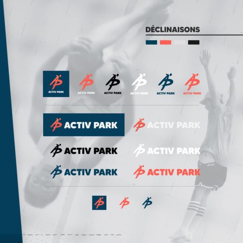 Variantes et déclinaisons du logo Activ Park pour l’identité visuelle de la salle de trampoline en Rhône-Alpes.