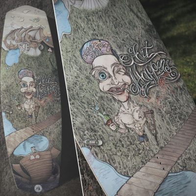 Création graphique et illustration sur planche de wakeboard, réalisée sur-mesure en Rhône-Alpes.