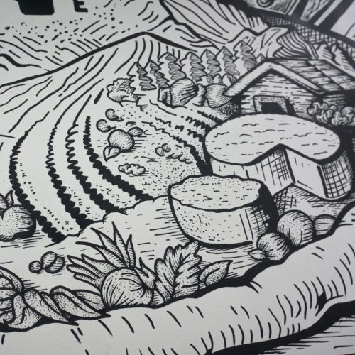 Fresque murale en style street art réalisée dans un restaurant du Vercors par un illustrateur professionnel