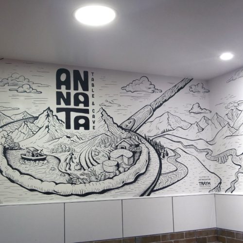 Fresque murale artistique réalisée dans un restaurant du Vercors (Rhône-Alpes) par un illustrateur