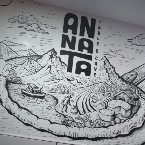 Illustration murale en style graff réalisée dans un restaurant en Savoie et Haute-Savoie par un graphiste professionnel