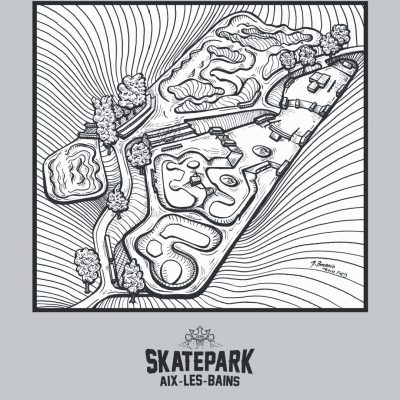 Illustration du skatepark d’Aix-les-Bains en style gravure contemporaine _ Joé Bocaccio - TRAYM Production